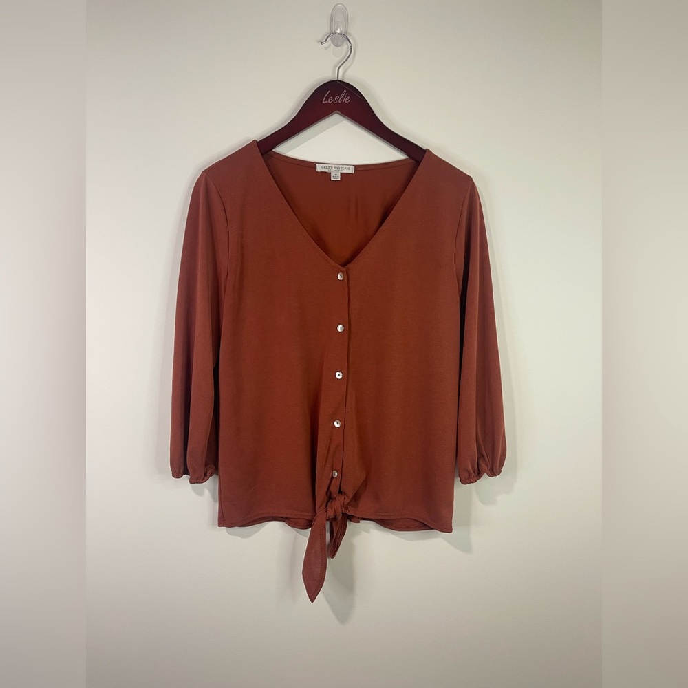 Green envelope rust Button-Down Women's Top with tie at bottom